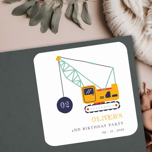 かわいい建築クレーン車Any年齢誕生日 スクエアシール