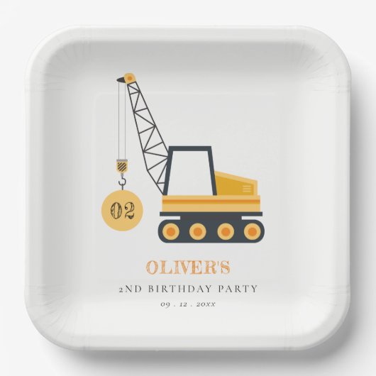 かわいい建築クレーン車Any年齢誕生日 ペーパープレート (正面)