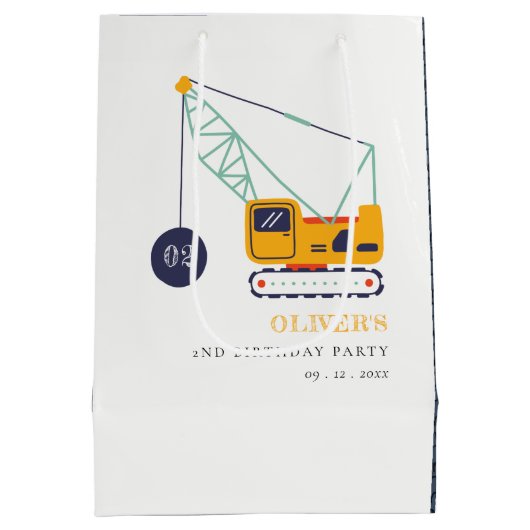 かわいい建築クレーン車Any年齢誕生日 ミディアムペーパーバッグ (裏面)