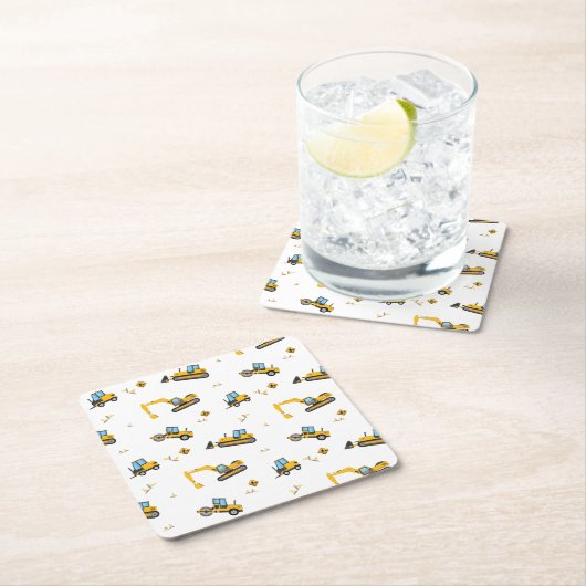 かわいい建築ダンプトラックパターン子供の誕生日 スクエアペーパーコースター (インサイチュ)