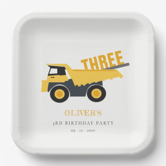 かわいい建築ダンプトラック任意の年齢誕生日 ペーパープレート (正面)