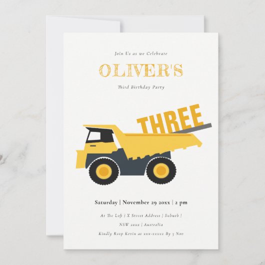 かわいい建築ダンプトラック任意の年齢誕生日 招待状 (正面)