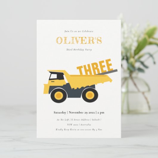 かわいい建築ダンプトラック任意の年齢誕生日 招待状 (スタンド正面)