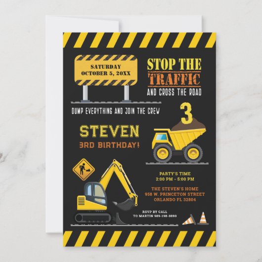 かわいい建築ダンプトラック誕生日ボーイズパーティー 招待状 (正面)