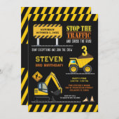 かわいい建築ダンプトラック誕生日ボーイズパーティー 招待状 (正面/裏面)