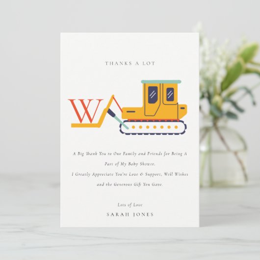 かわいい建築モノグラムフォークリフトベビーブシャワー サンキューカード (スタンド正面)