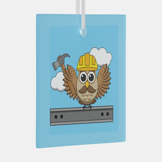 かわいい建築ワーカーフクロウと懸命ハットマンガ ガラスオーナメント (正面右)