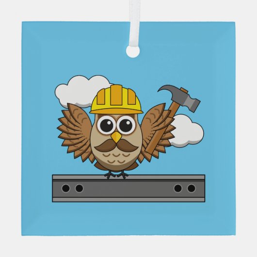 かわいい建築ワーカーフクロウと懸命ハットマンガ ガラスオーナメント (裏面)