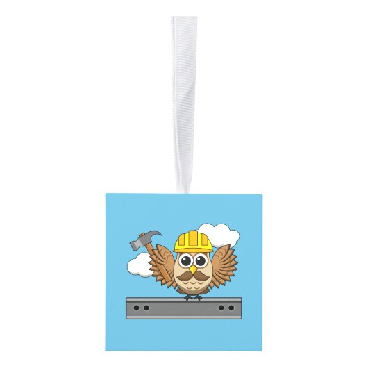 かわいい建築ワーカーフクロウと懸命ハットマンガ キューブオーナメント (右)