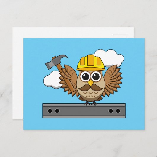 かわいい建築ワーカーフクロウと懸命ハットマンガ シーズンポストカード (正面/裏面)