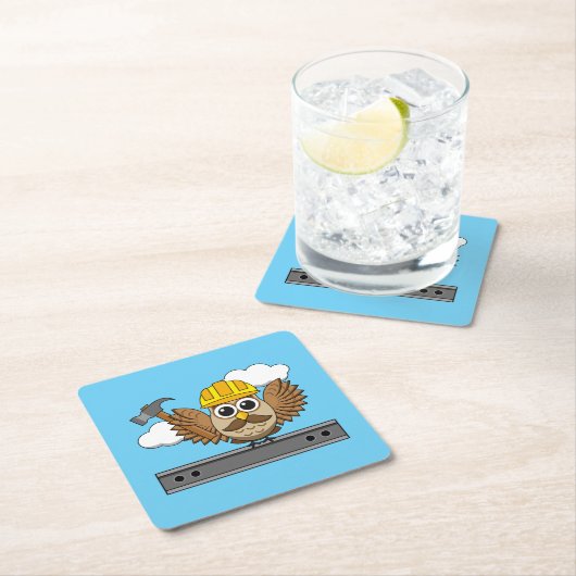 かわいい建築ワーカーフクロウと懸命ハットマンガ スクエアペーパーコースター (インサイチュ)