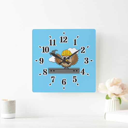 かわいい建築ワーカーフクロウと懸命ハットマンガ スクエア壁時計 (ホーム)