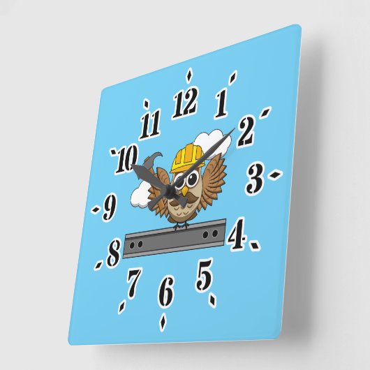 かわいい建築ワーカーフクロウと懸命ハットマンガ スクエア壁時計 (傾斜)