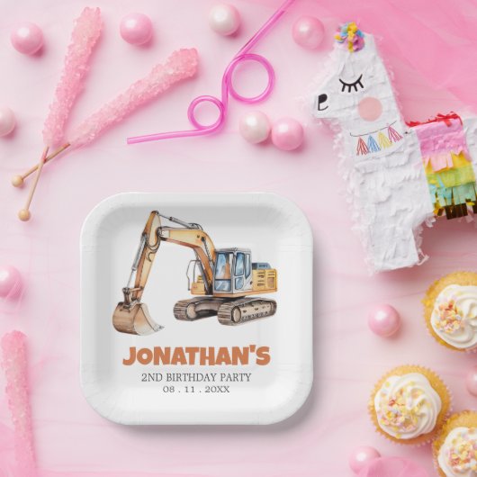 かわいい建築車の掘削機バースデーパーティー ペーパープレート (パーティー)