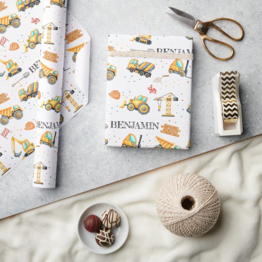 かわいい建築車少年誕生日 ラッピングペーパー (クラフト)