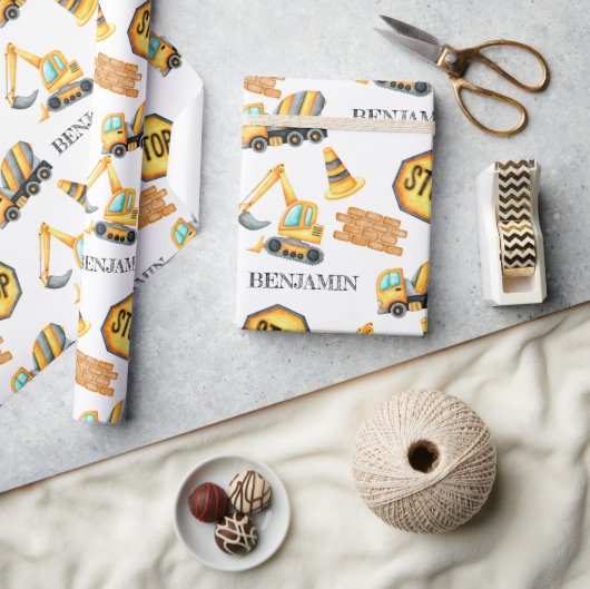 かわいい建築車少年誕生日 ラッピングペーパー (クラフト)