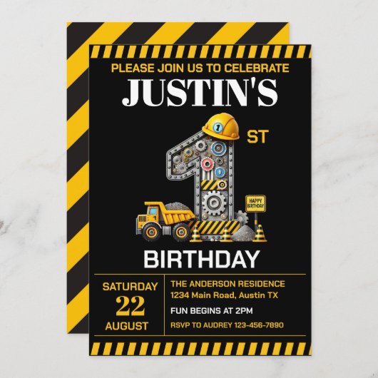 かわいい建築1歳の誕生日パーティー 招待状 (正面/裏面)