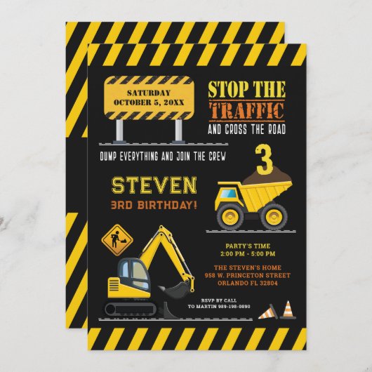 かわいい建設ダンプトラックの誕生日男子パーティー 招待状 (正面/裏面)