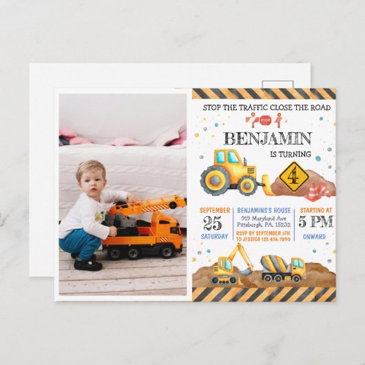 かわいい建設ダンプトラック子供の誕生日パーティー ポストカード (正面/裏面)