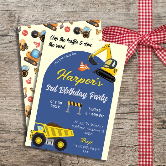 かわいい建設トラックの子供たち　３歳の誕生日 招待状