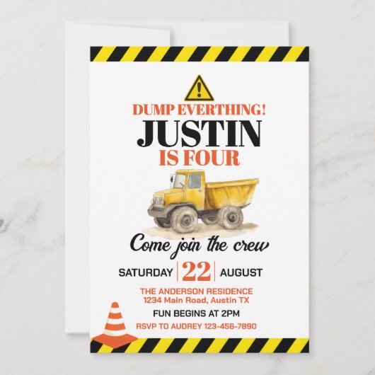 かわいい建設業のあらゆる年齢の誕生日パーティー 招待状 (正面)