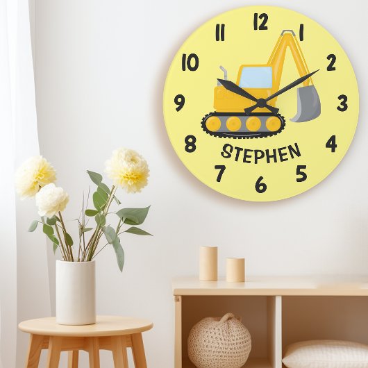 かわいい建設用クレーンショベル男子部屋の壁 ラージ壁時計