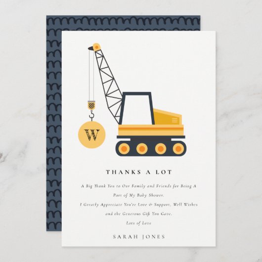 かわいい建設用クレーン車 ベビーシャワー サンキューカード (正面/裏面)