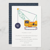 かわいい建設用クレーン車 ベビーシャワー サンキューカード (正面/裏面)