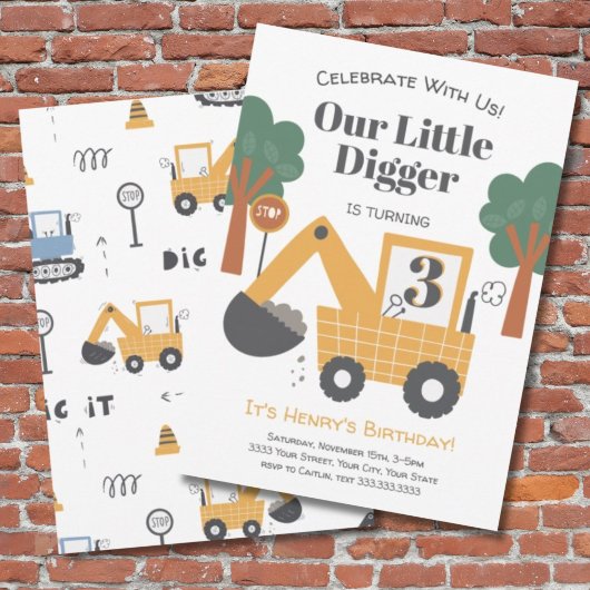 かわいい建設用ダンプトラックの3歳の誕生日パーティー 招待状