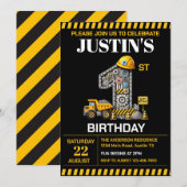 かわいい建設1歳誕生日パーティー 招待状 (正面/裏面)