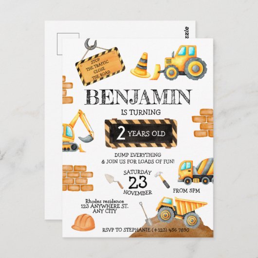 かわいい建設 誕生日 男の子 誕生日パーティー ポストカード (正面/裏面)