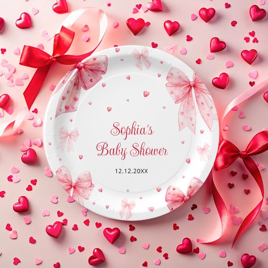 かわいい弓の赤ピンクの赤ちゃんシャワー ペーパープレート