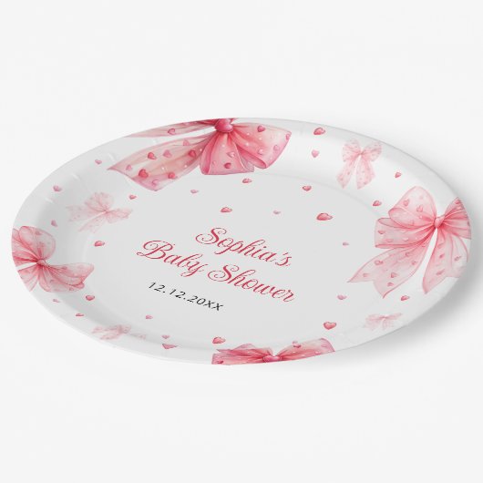 かわいい弓の赤ピンクの赤ちゃんシャワー ペーパープレート (アングル)