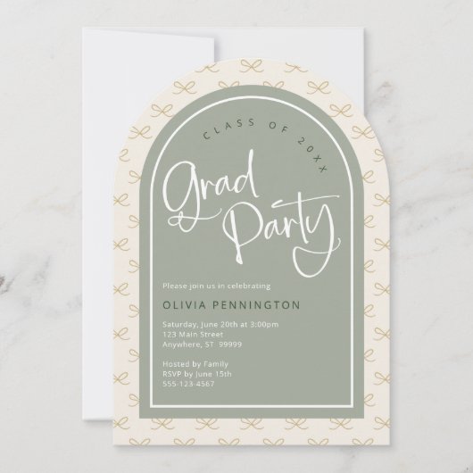 かわいい弓仙人グリーン金ゴールド写真卒業パーティー 招待状 (正面)