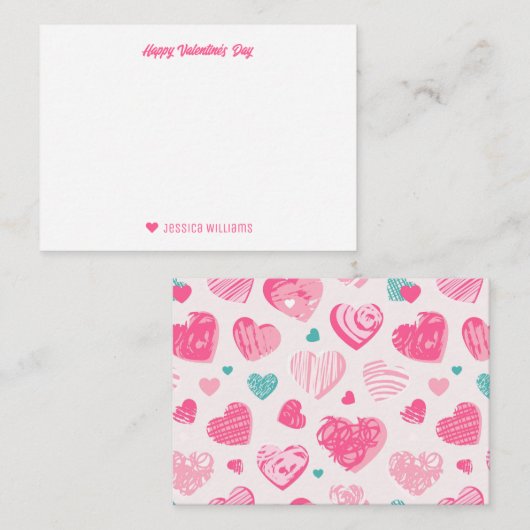 かわいい引っかきハート模様のピンク バレンタインデー ノートカード (正面/裏面)