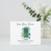 かわいい引っ越しましたグリーンウォーターカラーフロントドア ポストカード (スタンド正面)