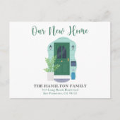 かわいい引っ越しましたグリーンウォーターカラーフロントドア ポストカード (正面)