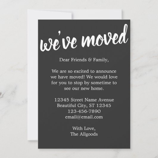 かわいい引っ越しましたハウスブラックムービングアナウンス 案内状 (正面)