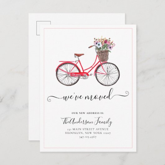 かわいい引っ越しましたフローラ自転車の新しいアドレス移動 案内ポストカード (正面/裏面)