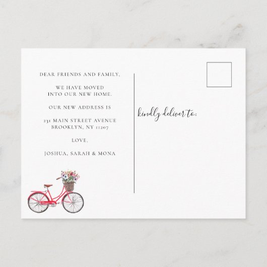 かわいい引っ越しましたフローラ自転車の新しいアドレス移動 案内ポストカード (裏面)