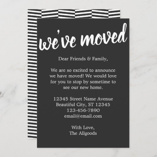 かわいい引っ越しましたブラックパターンの動きのお知らせ 案内状 (正面/裏面)