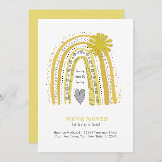 かわいい引っ越しましたボホイエローグレーレインボー 案内状 (正面/裏面)