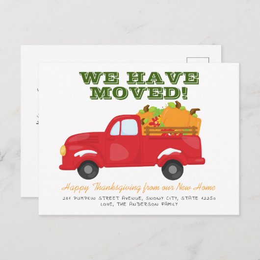 かわいい引っ越しました感謝与カボチャのトラック移動 案内ポストカード (正面/裏面)