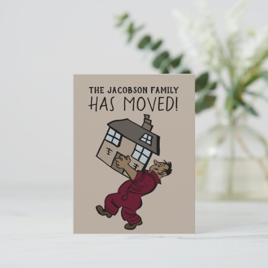 かわいい引越し男性の新しい住所 案内ポストカード (スタンド正面)
