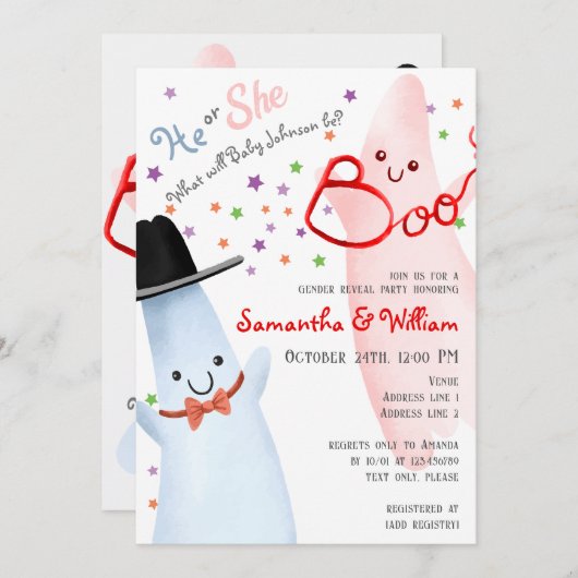 かわいい彼/彼女の幽霊ハロウィンジェンダーがパーティーを明かす 招待状 (正面/裏面)