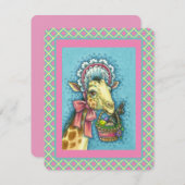 かわいい復活祭のボンネットでキリン、卵バスケットフラット シーズンカード (正面/裏面)