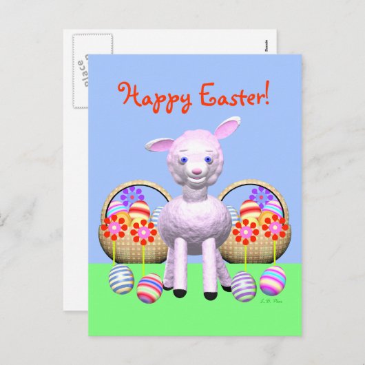 かわいい復活祭の子羊と卵のかご シーズンポストカード (正面/裏面)