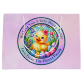 かわいい復活祭の雛、花とカラフル卵の竜 ラージペーパーバッグ (正面)