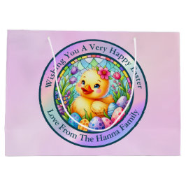 かわいい復活祭の雛、花とカラフル卵の竜 ラージペーパーバッグ