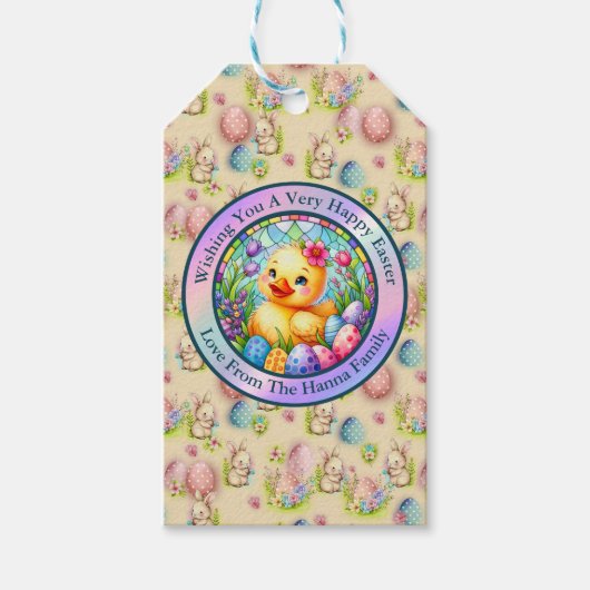 かわいい復活祭の雛、花、カラフル卵 ギフトタグ (正面)